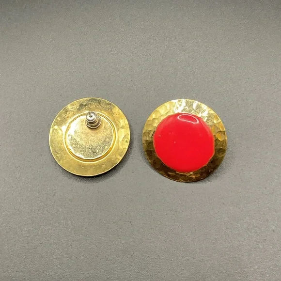 Hammered Gold Tone and Red Cherry Enamel Pierced Earrings - Picture 2 of 3